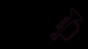 Glowing neon line Musical instrument trumpet icon isolated on black background. 4K Video motion graphic animation.