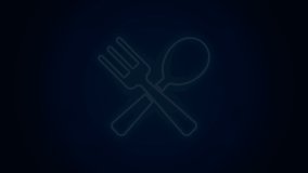 Glowing neon line Crossed fork and spoon icon isolated on black background. Cooking utensil. Cutlery sign. 4K Video motion graphic animation.