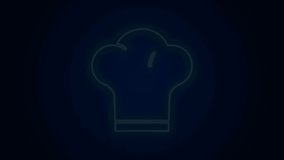 Glowing neon line Chef hat icon isolated on black background. Cooking symbol. Cooks hat. 4K Video motion graphic animation.