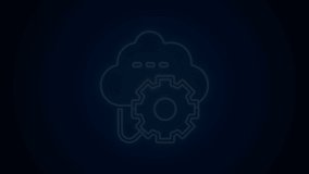 Glowing neon line Cloud technology data transfer and storage icon isolated on black background. Adjusting, service, setting, maintenance, repair, fixing. 4K Video motion graphic animation.