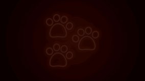 Glowing neon line Paw print icon isolated on black background. Dog or cat paw print. Animal track. 4K Video motion graphic animation.