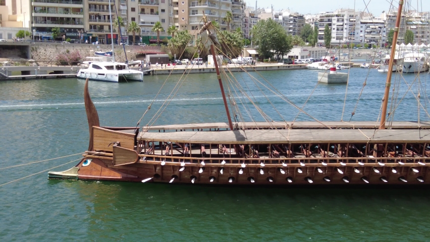 Reconstruction of Ancient Greek Trireme in port of Piraeus, panoramic view Royalty-Free Stock Footage #1096579715