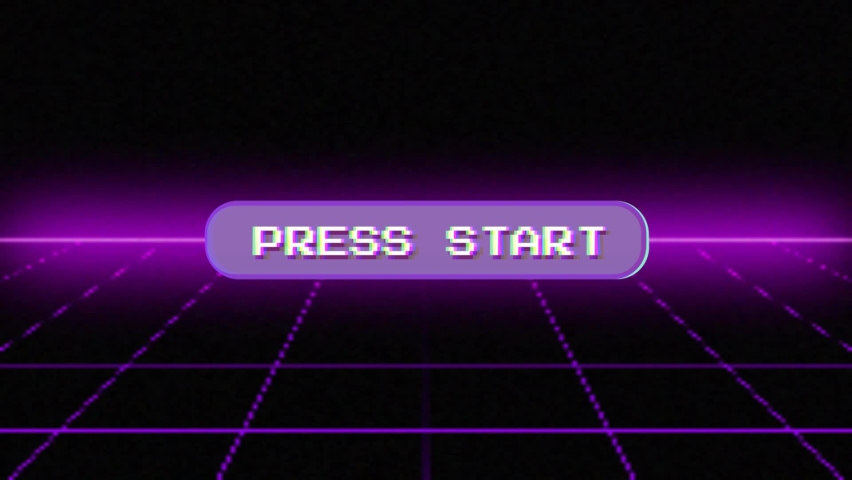 animated "Press Start" button with pixelated text, centered on a retrofuturistic grid background with purple neon light. Retrowave animation clip - Powered by Shutterstock - Get 15% off with code: PIKWIZARD15