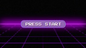 animated "Press Start" button with pixelated text, centered on a retrofuturistic grid background with purple neon light. Retrowave animation clip - Powered by Shutterstock - Get 15% off with code: PIKWIZARD15