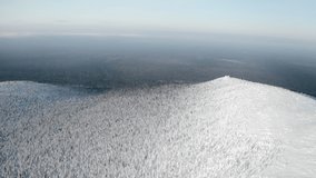 Calm and cold landscape with the endless valley of frozen forest. Clip. Aerial view of a snow covered mountain.