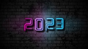 Neon New Year 2023 on grunge brick wall abstract background. Seamless looping illuminated motion design. Video animation Ultra HD 4K 3840x2160