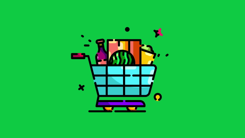 Shopping Cart Cartoon Animated Icon. Isolated on Green Screen, Chroma Key Background for Transparent Use. 4K Ultra HD Loop Video Motion Graphic Animation.
