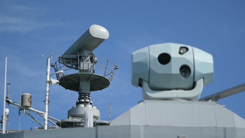 Image of a military radar air surveillance on navy ship tower. | Shutterstock HD Video #1096582595