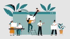 Group of business people. Team of moving office workers and leaders develop strategy to achieve success and increase company profits. Time management and task completion. Flat graphic animated cartoon
