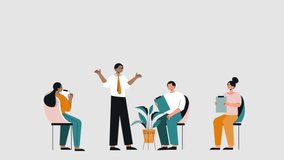 Group of business people video concept. Moving male leader or speaker holding meeting with partners or presenting financial report. Business conference of entrepreneurs. Flat graphic animated cartoon