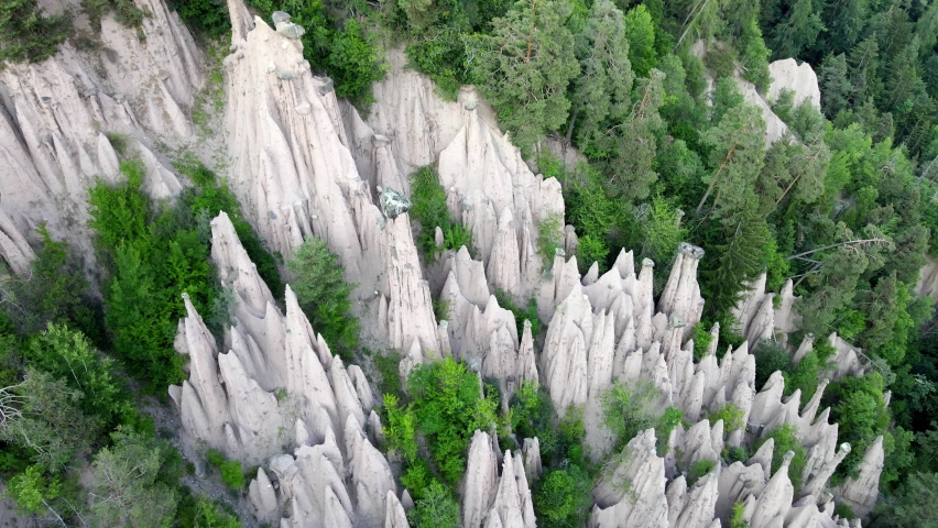 Aerial views of the Earth Pyramids, a natural monument nearby Bolzano region, Dolomites, Italy