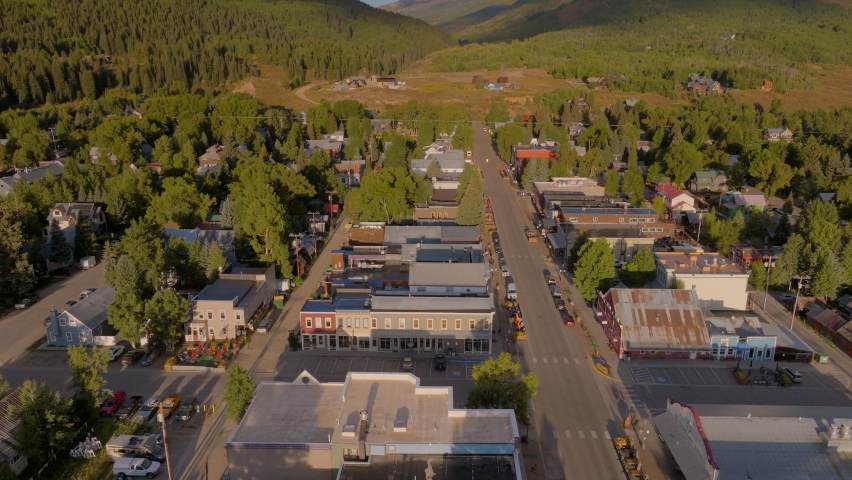 Aerial trucking right over main street in Crested Butte, Colorado on a beautiful morning.