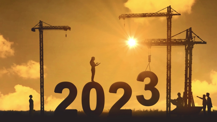 Group silhouette of engineers assembling 2023 number with cranes while working together in construction site with moving clouds background. Shot in 4k resolution Royalty-Free Stock Footage #1096590623