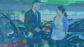 Animation of flag of eu and stock market over diverse business people. Global business, finances and digital interface concept digitally generated video. - Powered by Shutterstock - Get 15% off with code: PIKWIZARD15