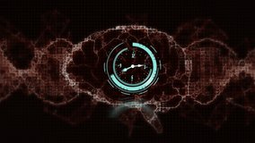Animation of moving clock over dna strand with digital brain and purple shapes on black background. Global technology, computing and digital interface concept digitally generated video. - Powered by Shutterstock - Get 15% off with code: PIKWIZARD15