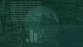 Animation of financial data processing with dices and globe over building interior. Global finances, computing and digital interface concept digitally generated video. - Powered by Shutterstock - Get 15% off with code: PIKWIZARD15