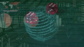 Animation of financial data processing with dices and globe over building interior. Global finances, computing and digital interface concept digitally generated video. - Powered by Shutterstock - Get 15% off with code: PIKWIZARD15