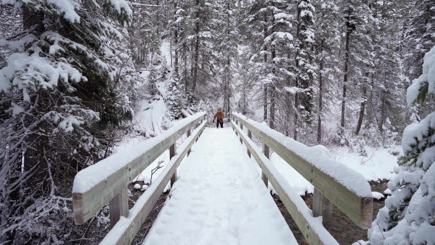 A man walking towards on a beautiful bridge on a winter wonderland 