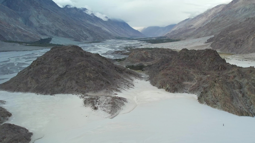 aerial view of Nubra valley and Nubra river in Himalayas. Ladakh, India
