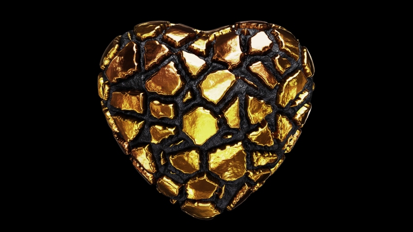 Realistic looping 3D animation of the spinning precious gold heart with dark granite or rock inclusions rendered in UHD with alpha matte | Shutterstock HD Video #1096596269