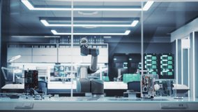 Industrial Programmable Robotic Arm in a Factory Development Workshop. Robot Arm Holding a Prototype Microchip. Tech Facility with Machines, Computers and Research Equipment. Footage Without People. - Powered by Shutterstock - Get 15% off with code: PIKWIZARD15