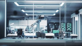 Establishing Shot: Modern High Tech Robotic Arm Picking Up and Moving a Microchip. Robot Hand Working at a Research and Development Factory with Server Racks in the Background. Static Footage. - Powered by Shutterstock - Get 15% off with code: PIKWIZARD15