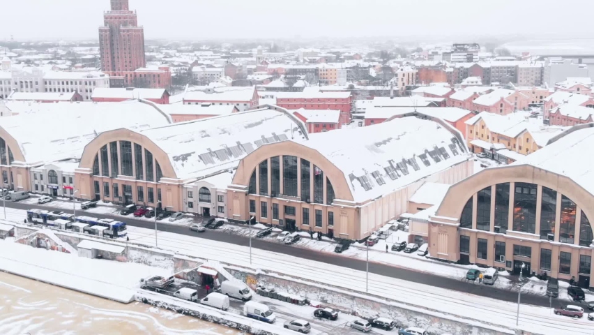 Snowy View Of Unique Architecture Of Largest Bazar In Eastern Europe, Riga