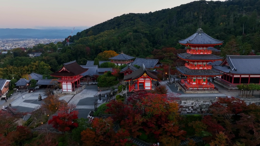 Japanese historic city of Kyoto aerial view, famous Kiyomizu-dera temple in Kyoto. High quality 4k footage