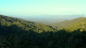 Aerial drone view of rainforest in the top of mountains. Beautiful nature forest from panoramic view.