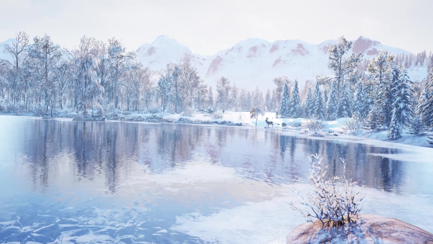 Winter Nature Red Deer buck Iced Lake Environement Tree 3D Renderings Animations CGI 4K Royalty-Free Stock Footage #1096605221