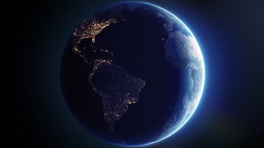 Blue Earth at Night View From Space Full Rotation 360 degrees, City Lights at Night Looped 3d Animation. Dark Planet Turning in Outer Space. Elements Furnished by NASA. Nature, Technology Concept 4k. Royalty-Free Stock Footage #1096607435