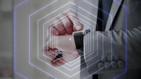 Animation of notification icons with numbers, connected dots, midsection of man using smartwatch. Digital composite, multiple exposure, hexagon, social media, communication and technology concept. - Powered by Shutterstock - Get 15% off with code: PIKWIZARD15