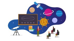 Male teacher animation explaining solar system planet to his students while looking at the space in the planetarium. Cartoon in 4k resolution - Powered by Shutterstock - Get 15% off with code: PIKWIZARD15