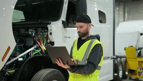 Service of the car in the technical center or warehouse, records information about the truck on laptop. - Powered by Shutterstock - Get 15% off with code: PIKWIZARD15