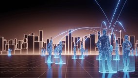 blue people hologram style, work and communication in futuristic city, orange sky, camera dolly out - Powered by Shutterstock - Get 15% off with code: PIKWIZARD15