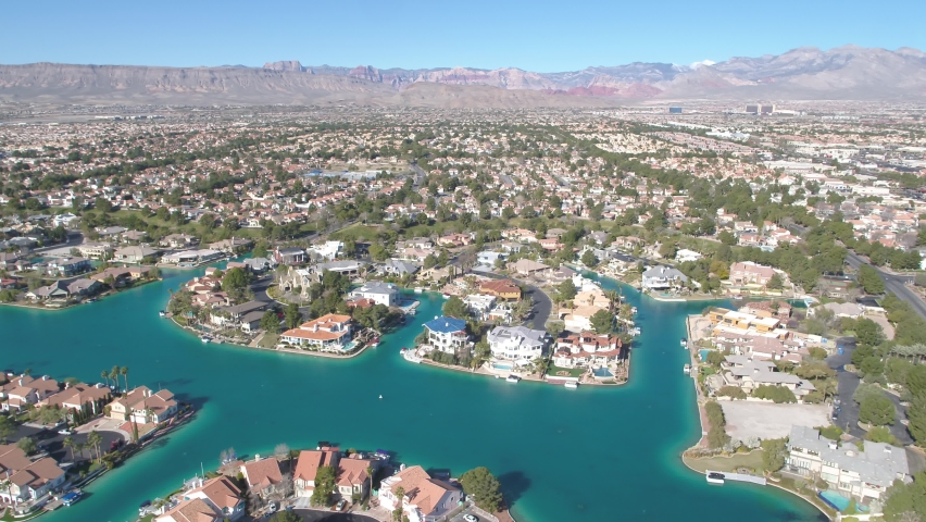 Wide aerial view of West Sahara gated community in Las Vegas lakefront homes