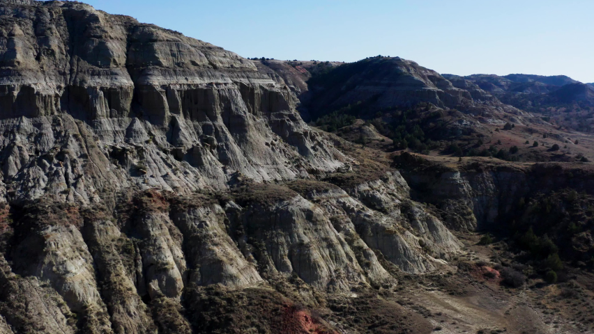 Craggy Landscape Of Mountains In Grassy Butte, North Dakota, United States. Aerial Close up