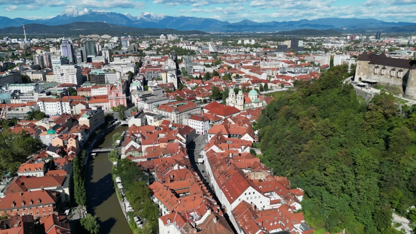 Red tiled roof tops of Ljubljana city Slovenia drone aerial view Royalty-Free Stock Footage #1096619107