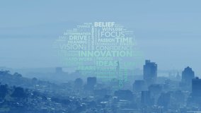 Animation of human brain with innovation business text over cityscape. Global computing, business, finance and data processing concept digitally generated video. - Powered by Shutterstock - Get 15% off with code: PIKWIZARD15