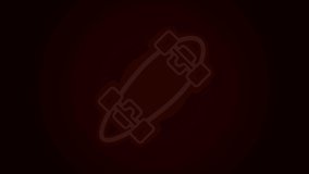 Glowing neon line Longboard or skateboard cruiser icon isolated on black background. Extreme sport. Sport equipment. 4K Video motion graphic animation.