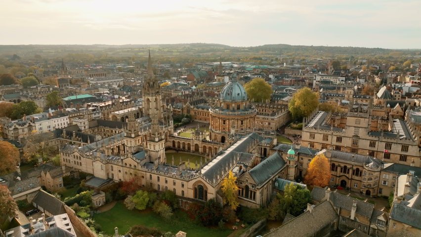 Beautiful aerial view of Oxford England. Old Great Britain city. A lot of colleges and university. Student campus.Amazing autumn town, with historical architectures and old churches and libraries