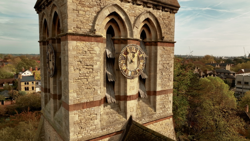 Beautiful aerial view of Oxford England. Old Great Britain city. A lot of colleges and university. Student campus. Amazing autumn town, with historical architectures and old churches and libraries