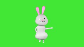 3D character of a cute rabbit dances on a green screen background. 3D animation.