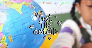 Animation of get the details text and data processing over biracial schoolgirl. Global education, learning and digital interface concept digitally generated video.