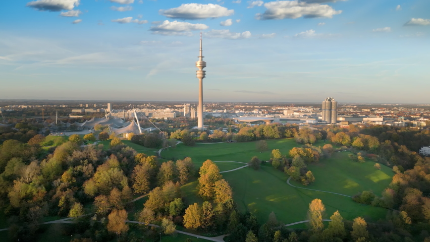 Munich aerial skyline view downtown, munich germany city view from sky view of olypia tv tower drone video in 4k. Royalty-Free Stock Footage #1096622977