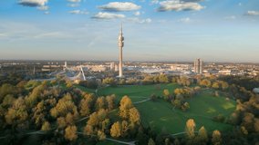 Munich aerial skyline view downtown, munich germany city view from sky view of olypia tv tower drone video in 4k.