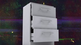 Animation of cupboard over glitch on dark background. Video, movement and backgrounds concept digitally generated video.