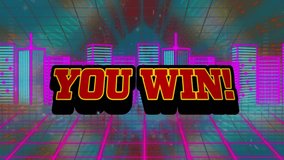 Animation of you win text banner over neon 3d city model against neon shapes in seamless pattern. Video game interface technology concept - Powered by Shutterstock - Get 15% off with code: PIKWIZARD15