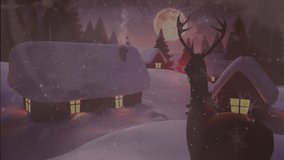 Animation of ho ho ho over winter landscape with houses, deer and snow. Christmas, winter, tradition and celebration concept digitally generated video.