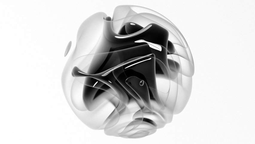 3d render of monochrome abstract art 3d video animation loop video with surreal liquid organic plastic ball sphere with multilayer effect with cube structure inside in curve wavy lines forms on white  Royalty-Free Stock Footage #1096624979